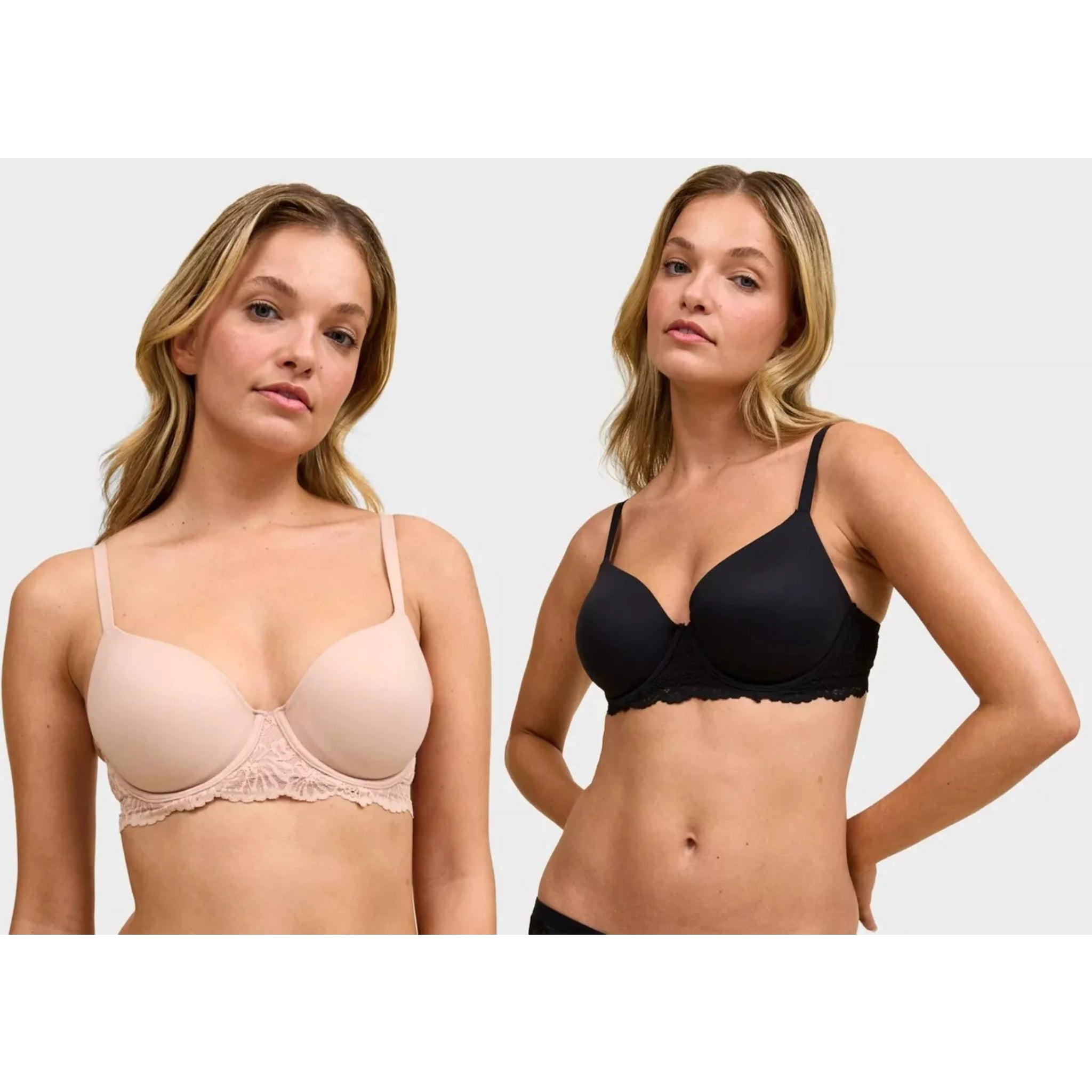 Women's black and nude T-shirt bra with underwire support and lace trim